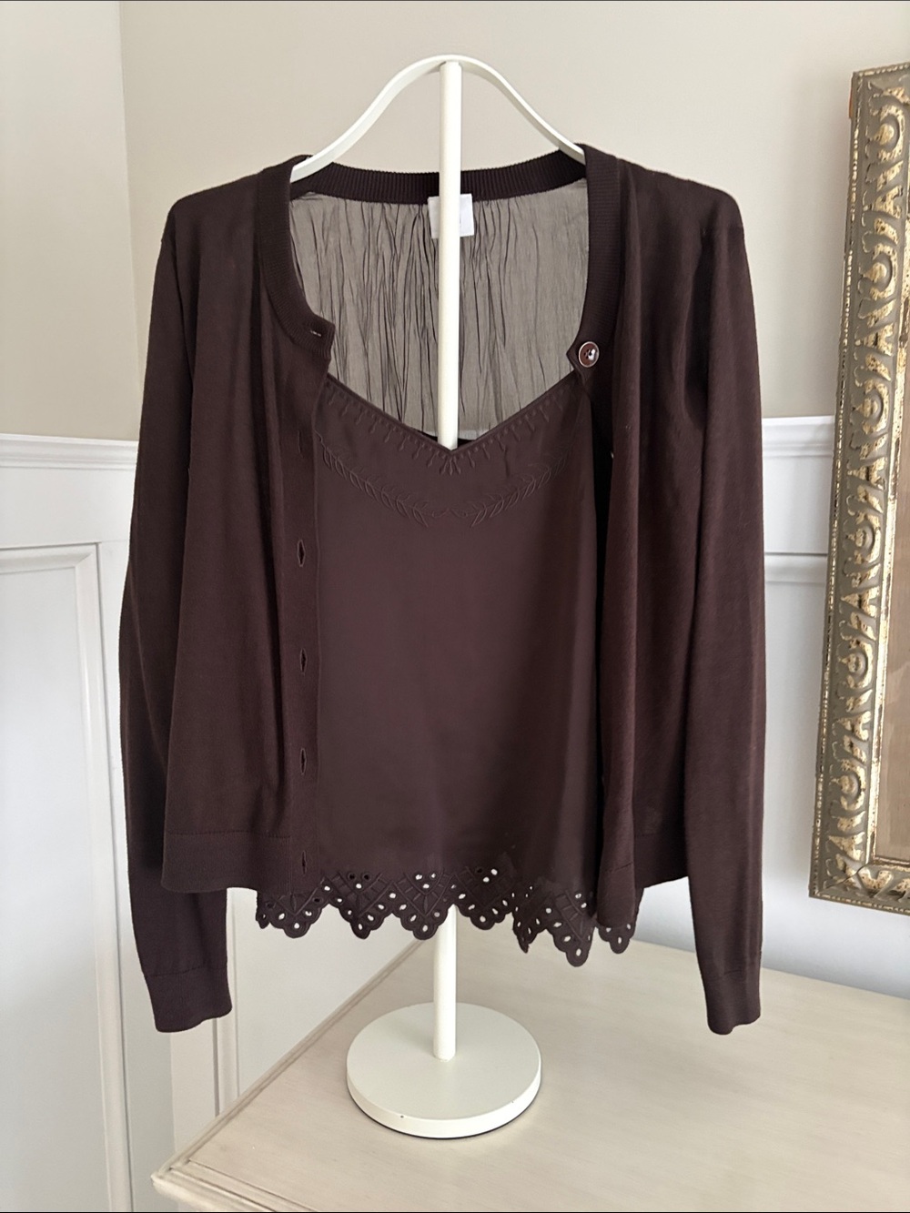 CAbi Chocolate Brown Layered Camisole & Cardigan Set